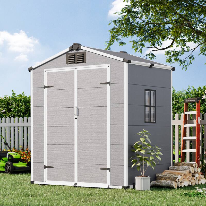 EROMMY Outdoor Storage Shed with Built-In Floor, Lockable Double Doors & Sloped Roof, Gray/Black