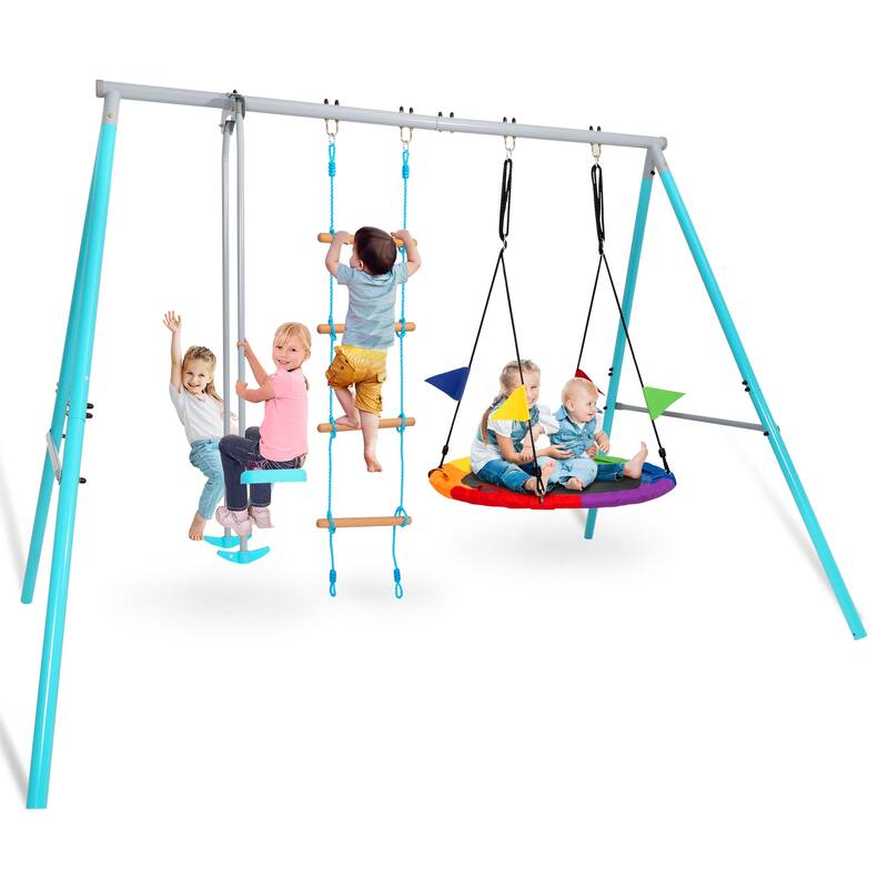 Swing Sets for Backyard, 3-in-1 Kids Metal Swing Stand with 40" Saucer Swing, Glider Swing, Rope Ladder - Blue - Swing Set - Kids