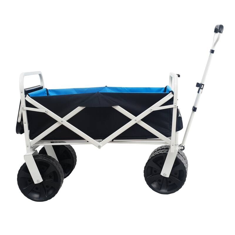 Portable Beach Wagon with 150 lbs Capacity, Foldable Design, Large Plastic Wheels, and Side Table for Gardening