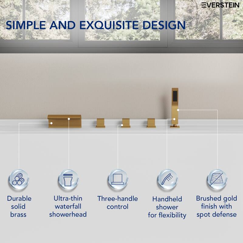 5-Hole 3-Handle Deck-Mount Waterfall Tub Faucet with Hand Shower,Waterfall Spout Bathtub Faucet