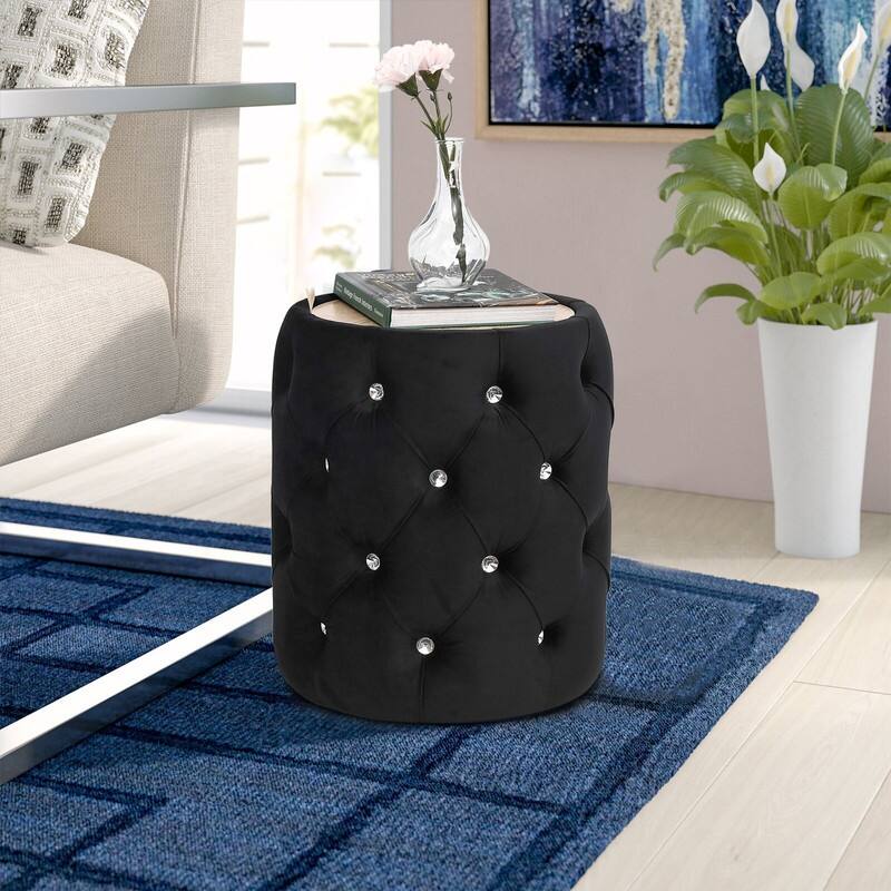 Adeco Round Storage Velvet Ottoman Removable Wooden Lid Coffee Table