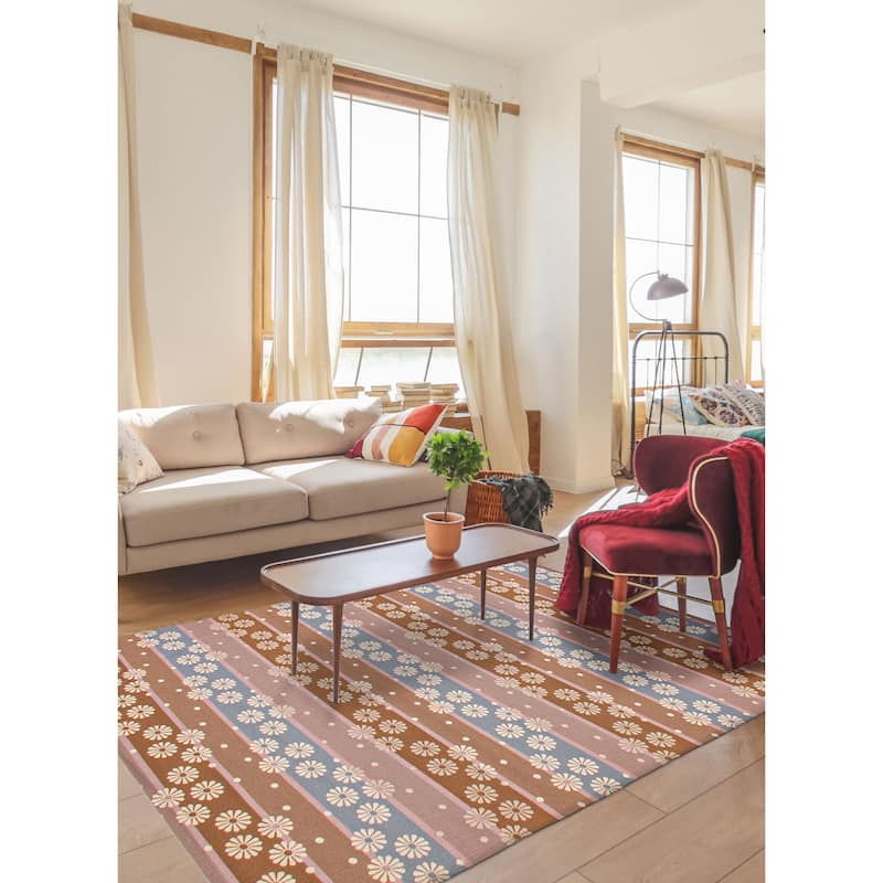 ECARPETGALLERY Machine Woven Lotus Mod Tan Cotton Rug - 4'4 x 6'8