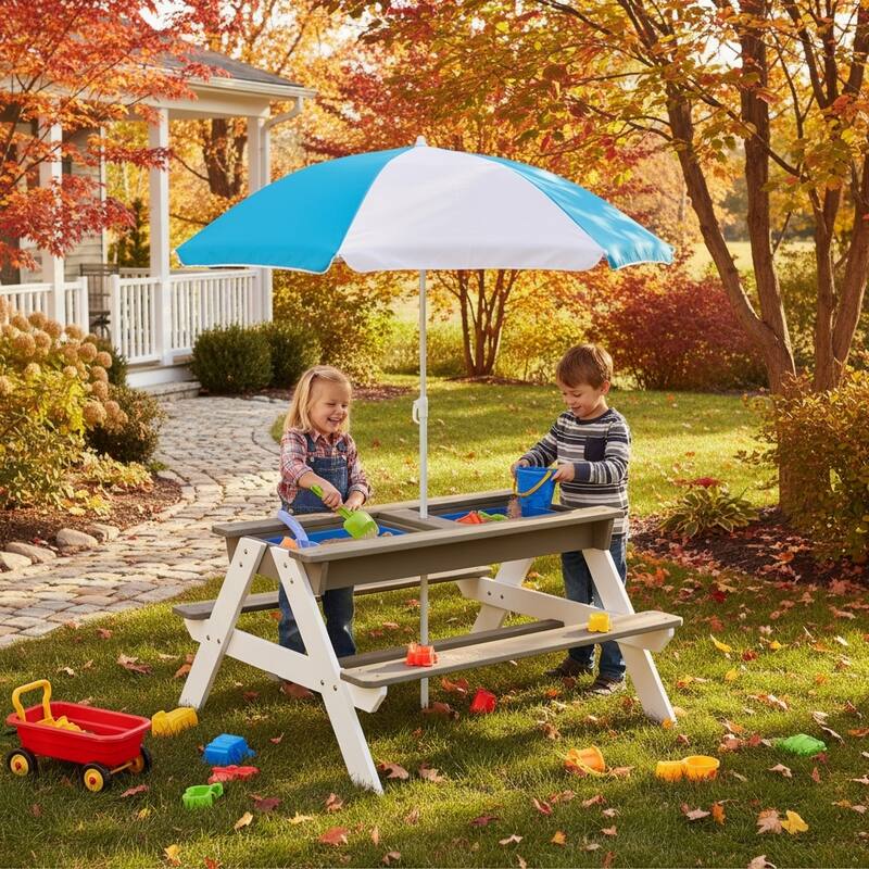 Wooden Kids Picnic Table, Sand and Water Table with Umbrella, Activity Table for Outdoor Backyard Patio Play
