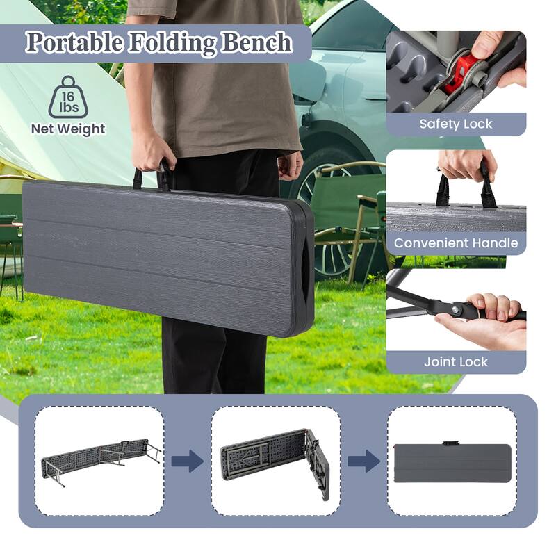 Gymax 2PCS 6 ft Plastic Folding Bench Portable Fold-in-Half Seat w/