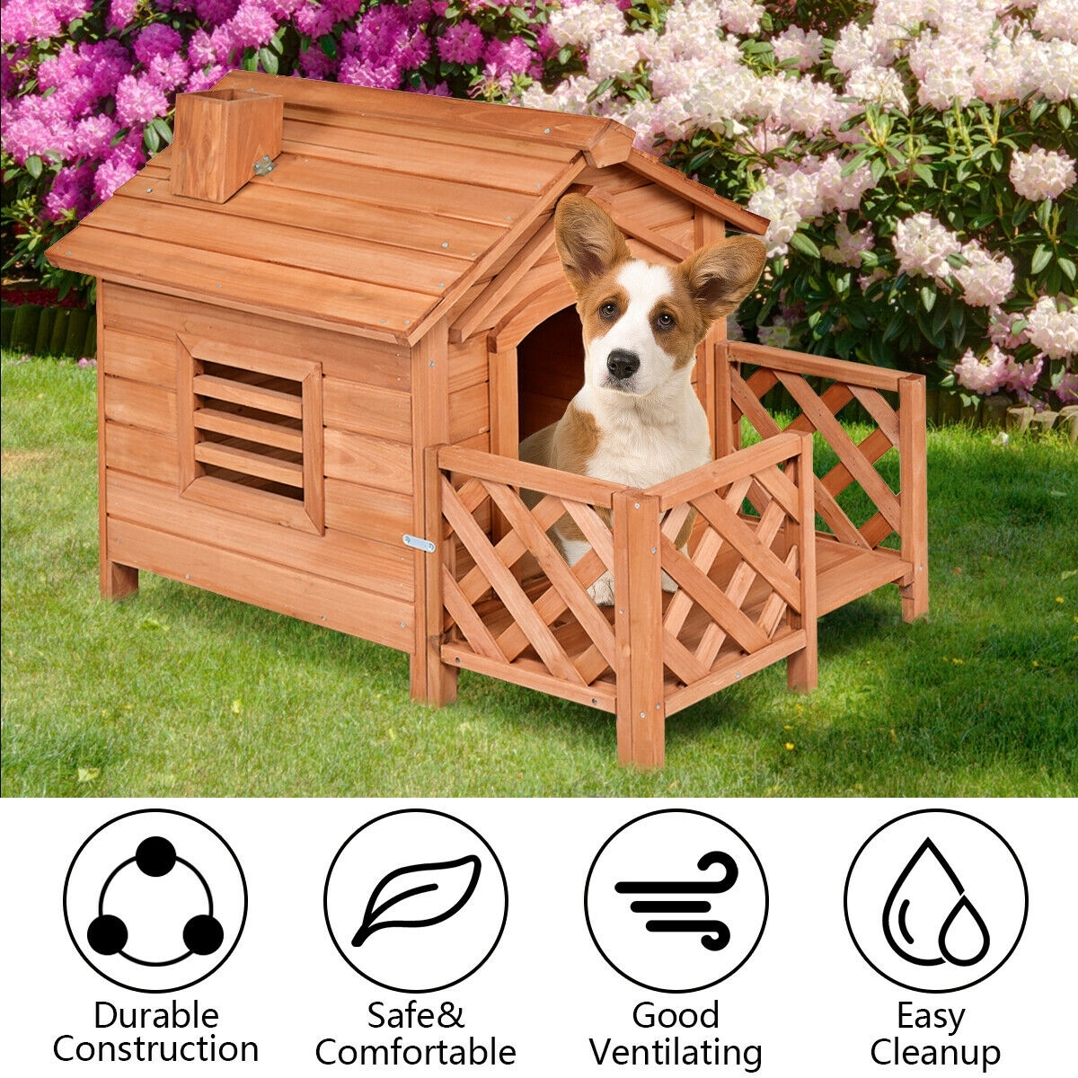 Gymax Wooden Pet Dog House Kennel Shelter Crates with Porch Window In Outdoor natural color Bed Bath Beyond 20341674