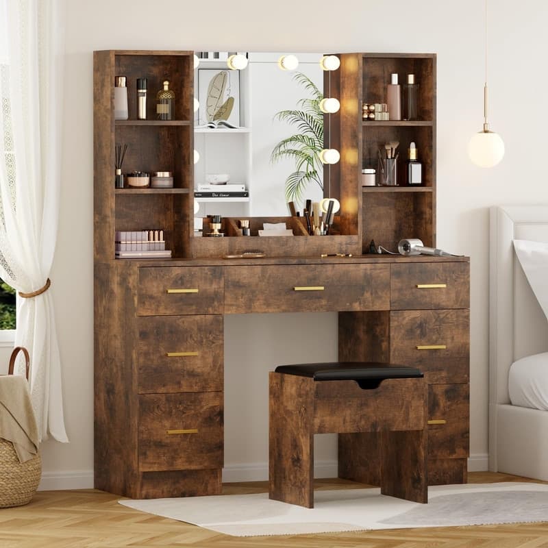 56" Farmhouse Makeup Vanity Set with Lighted Mirror, Charging Station, 7 Drawers
