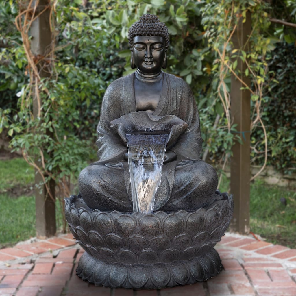 Alpine Corporation WIN1170 Outdoor Floor Calming Buddha Statue Waterfall Fountain with Realistic Stone Look, 53", Gray
