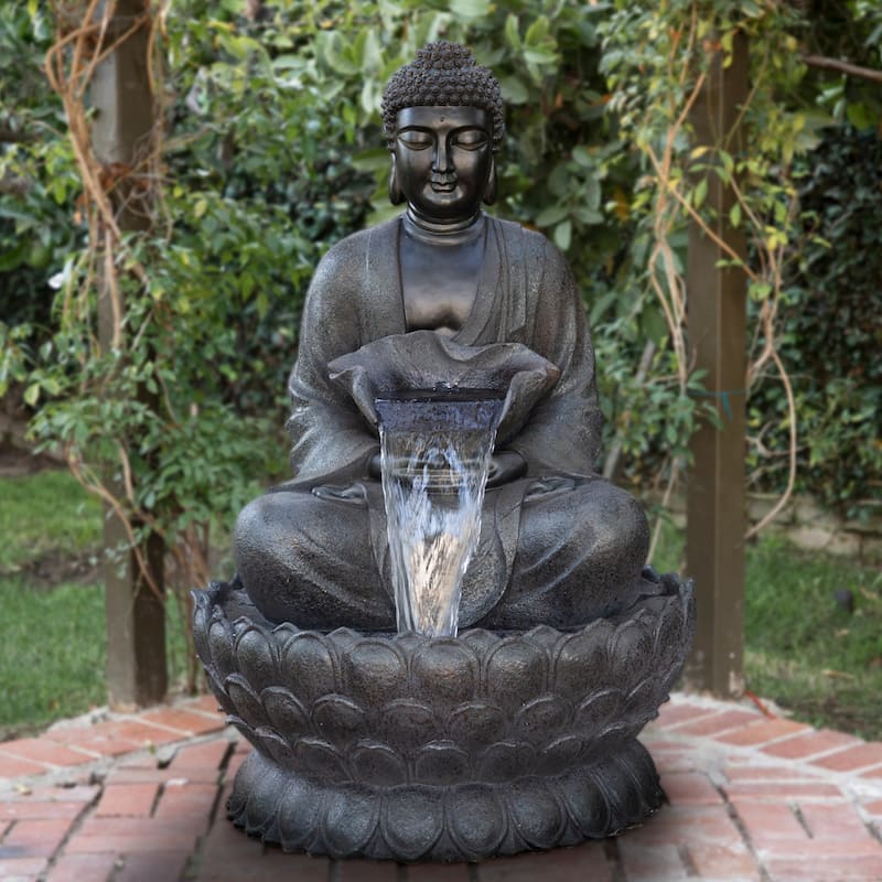 Alpine Corporation WIN1170 Outdoor Floor Calming Buddha Statue Waterfall Fountain with Realistic Stone Look, 53", Gray