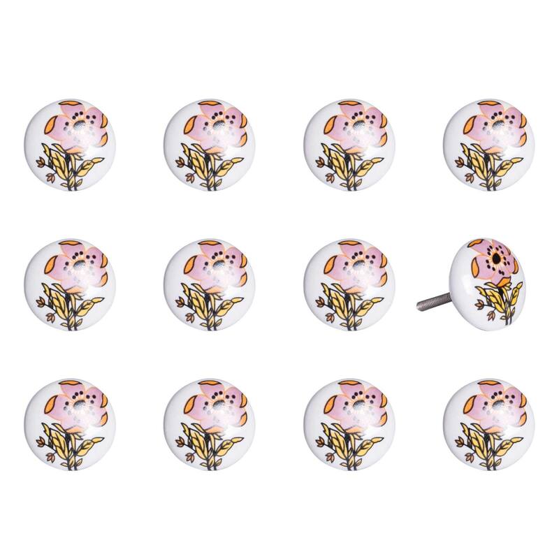 Set of 12 Pink White Floral Ceramic Drawer Knobs Hand-Painted Round Cabinet Pulls for Living Room Decor - 1.5” x 1.5” x 1.5”