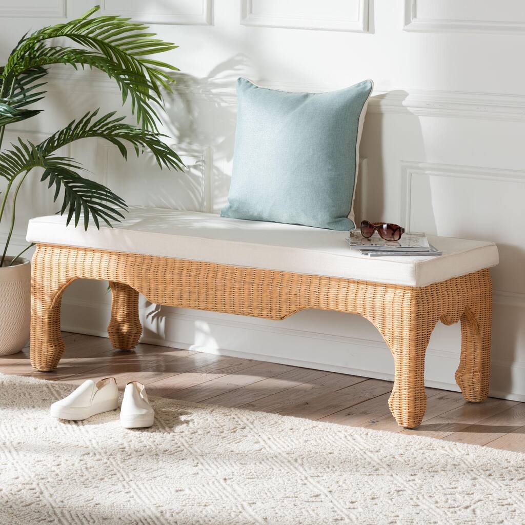 Abena Ming Style Natural Rattan Bench with Cushion - Boho Chic Accent Seating for Entryway, Bedroom, or Living Room