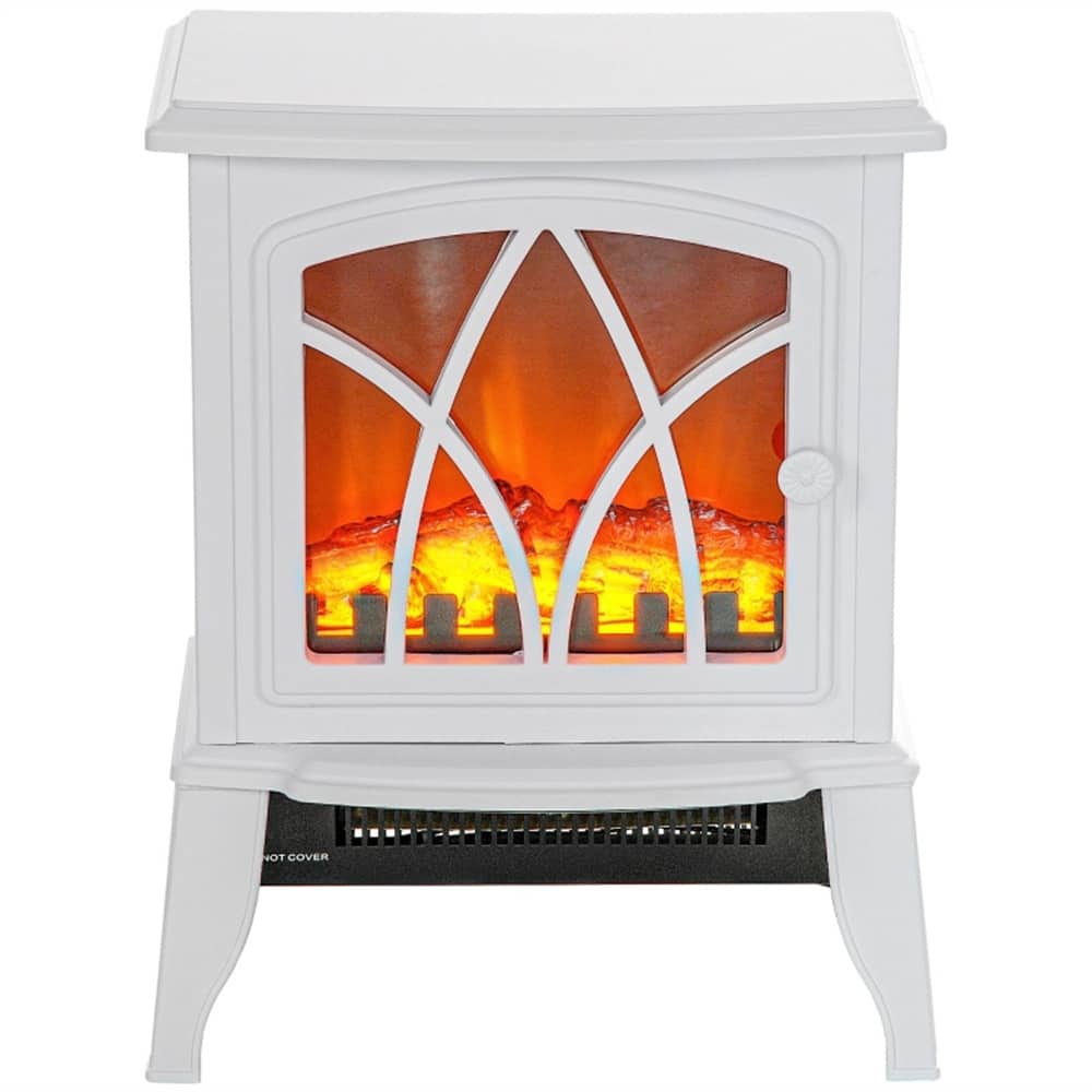 White Electric Fireplace Stove with Tempered Glass and 2 Heat Settings 323 Sq. Ft. Coverage - 14.25" W x 9.5" D x 18" H