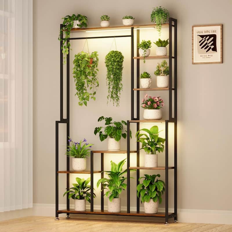 71" Tall 8-Tier Metal Plant Stand with Grow Lights - Indoor/Outdoor Flower Display Shelf. - Walnut+black