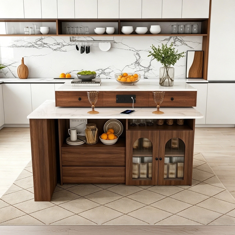 Kitchen Island with Extendable Table, Expandable Dining Table with Glass Door Cabinets with Built-in Socket, for 2-4 Person