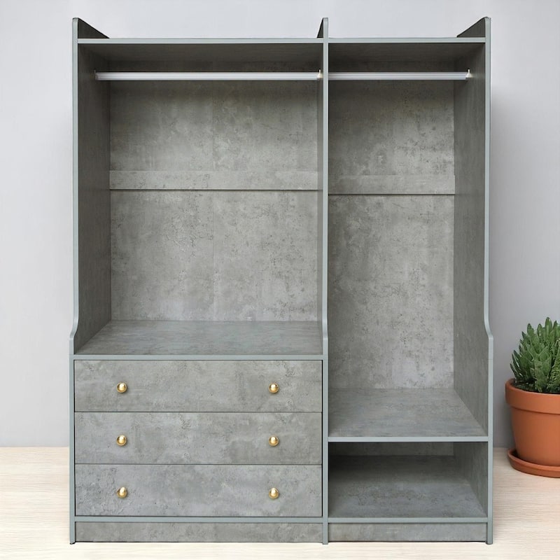 Open Wardrobe Closet with Dual Hanging Rods, 5 Shelves, and 3 Drawers, 52.4" Wide Bedroom Storage Organizer - Grey