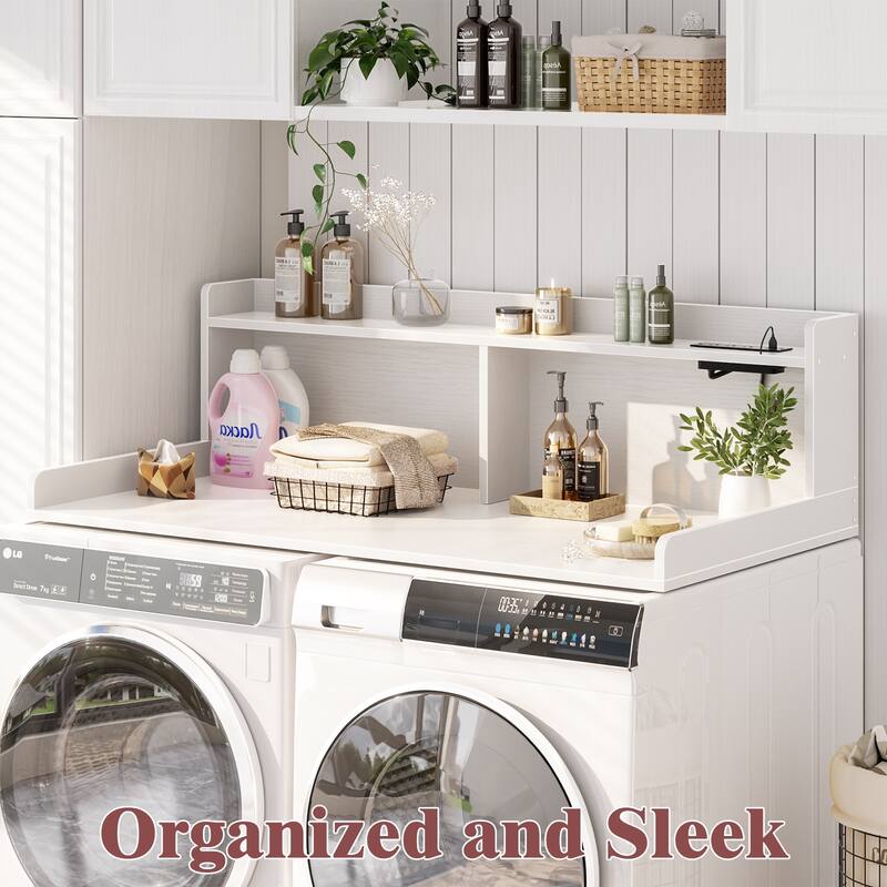 54" x 27.4" Laundry Countertop for Washer and Dryer with Non-Slip Pads，LED Lights，Power Outlets