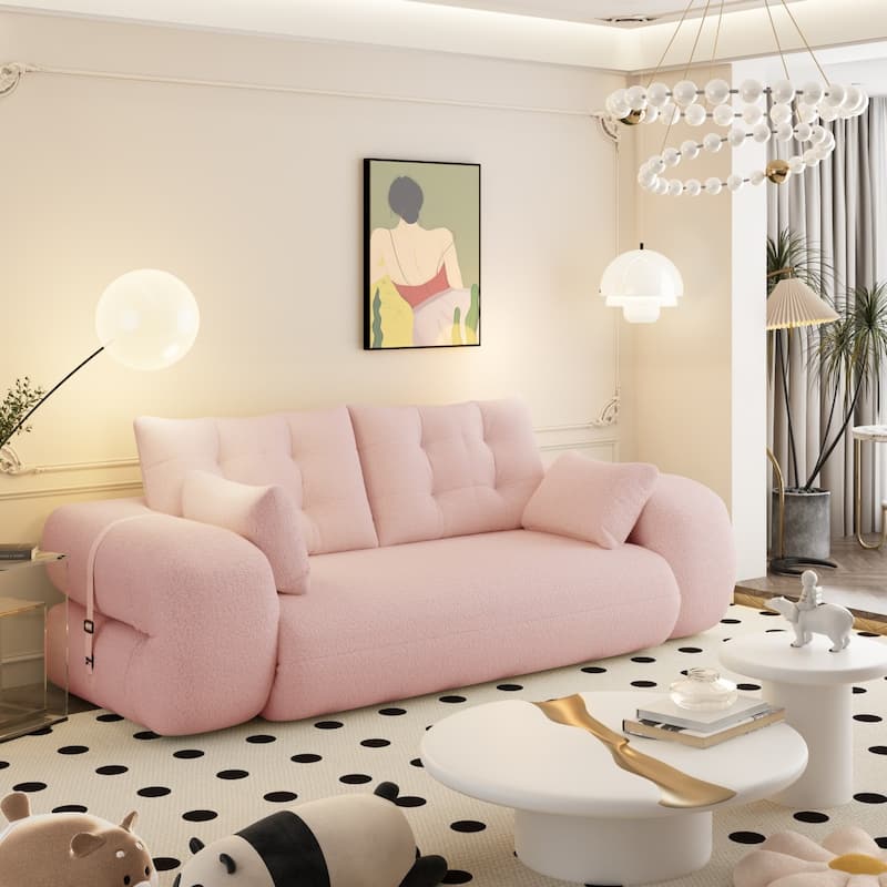 78.7" Teddy Fabric Multi-Functional Foldable 3-in-1 Sofa Bed with Pillows, Lazy Sofa Couch - Pink