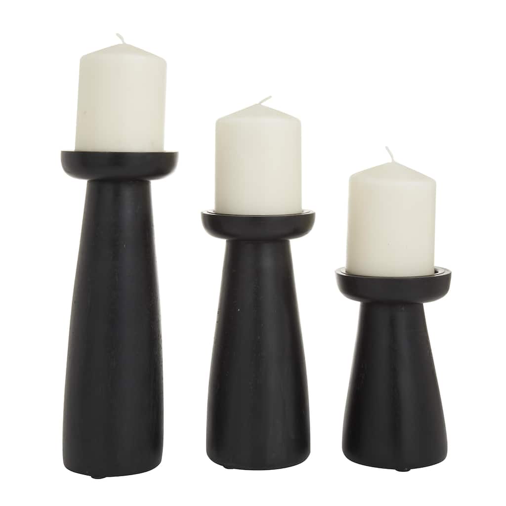 Mango Wood Pillar Decorative Candle Holder - Set of 3 Black - Roche River Decor