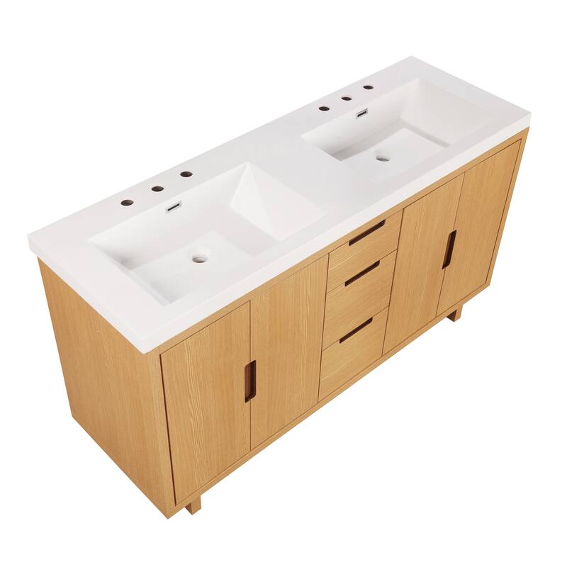 59.3" Bathroom Vanity with 4 Doors & 3 Drawers, Handle-Free Design, Soft-Close Hinges, Hidden Drawer Slides, SMC Resin Top