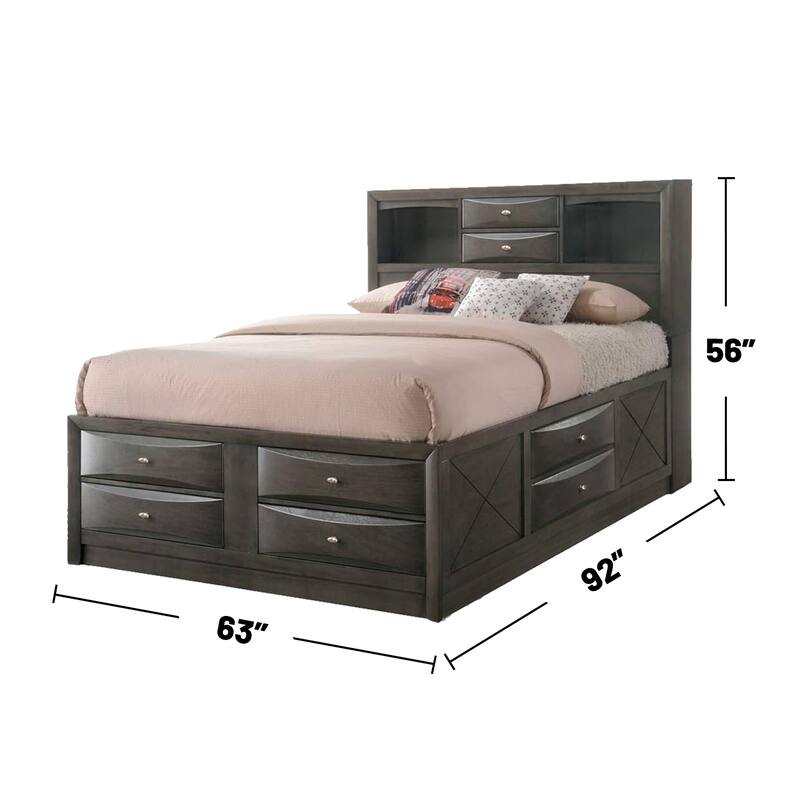 Wooden Queen Size Bed with Bookcase and Drawers in Gray