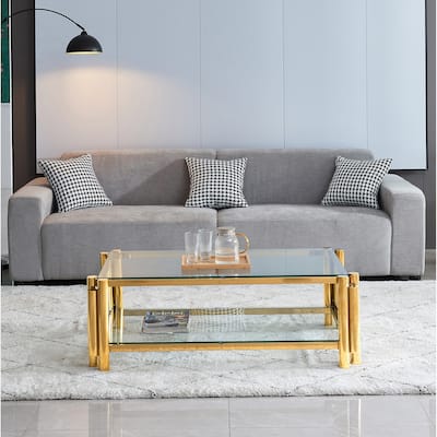 Modern Stainless Steel Coffee Table Tempered Glass Coffee Table with 2Tier Glass Shelves, for Living Room