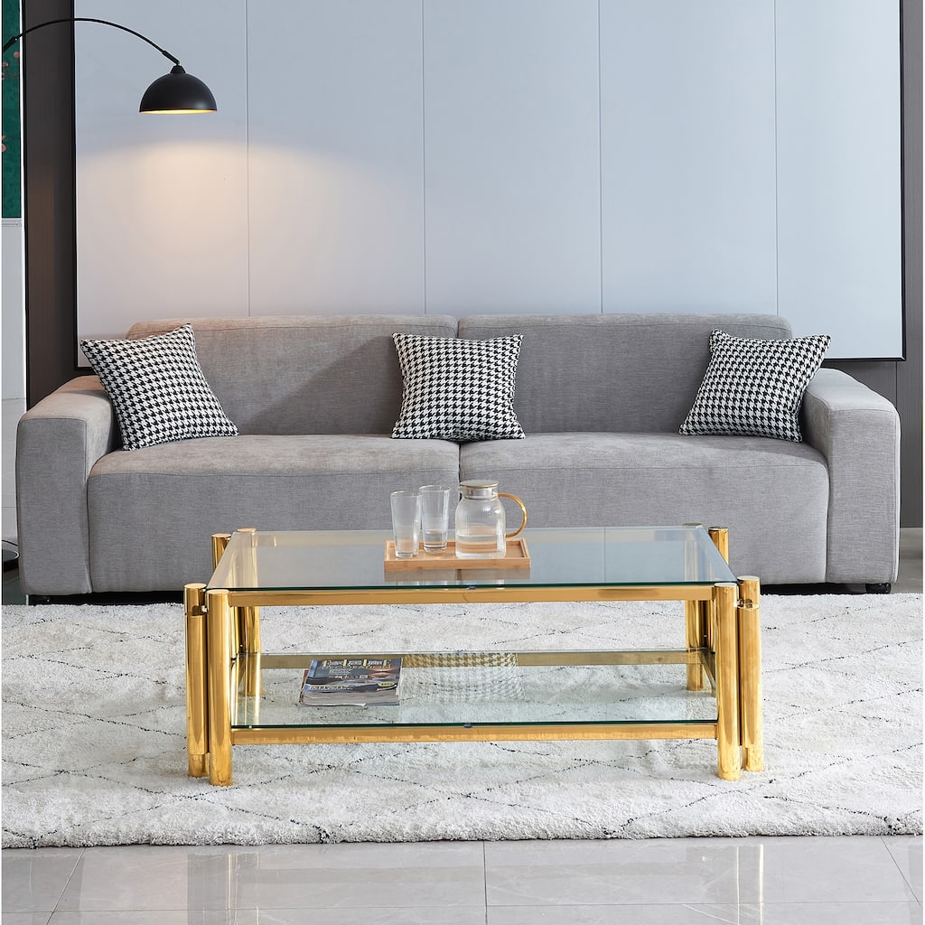 Modern Stainless Steel Coffee Table Tempered Glass Coffee Table with 2Tier Glass Shelves, for Living Room