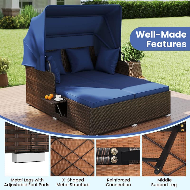 Costway Patio Rattan Daybed Lounge Retractable Top Canopy Side Tables - See Details