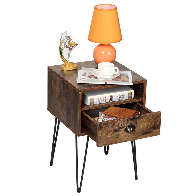 Javlergo Modern Nightstand with1-Drawer and Open Storage Shelf V-Shaped Metal Legs for Bedroom Living Room