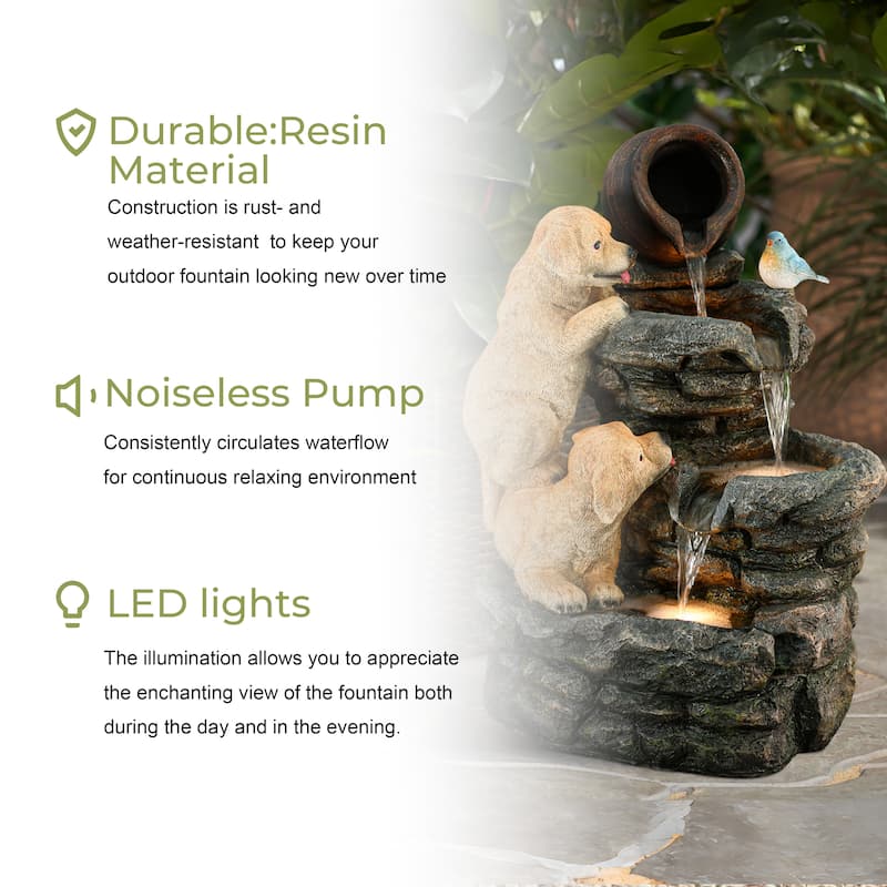 Puppy Rock Tower Farmhouse Resin Outdoor Fountain with Lights