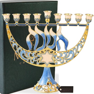 Matashi Hand Painted Enamel Menorah Candelabra with Hanukkah Design, Embellished with Gold Accents and High Quality Crystals