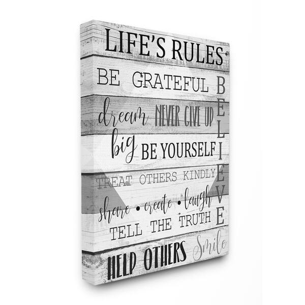 Shop Stupell Industries Life S Rules Phrases On Wood Grain Black White Word Design Canvas Wall Art Overstock 31417450