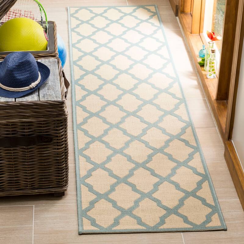 SAFAVIEH Linden Shirleyann Trellis Indoor/ Outdoor Patio Backyard Rug - 2'2" x 8' Runner - Cream/Aqua