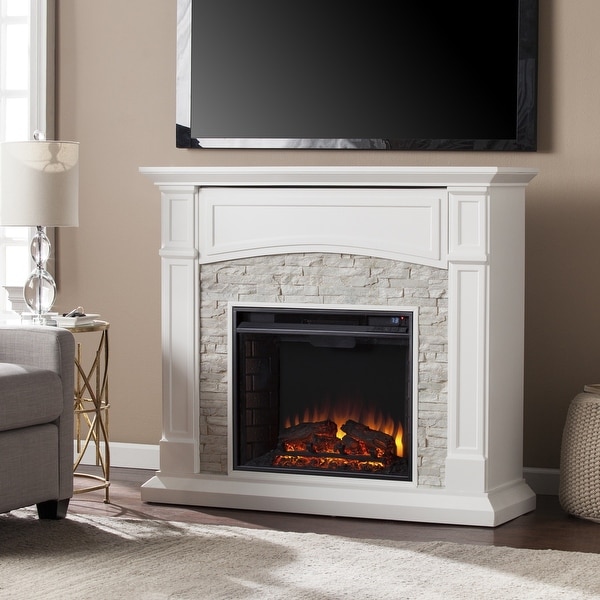 SEI Furniture Helliwell White Faux Stone Electric Media Fireplace ...