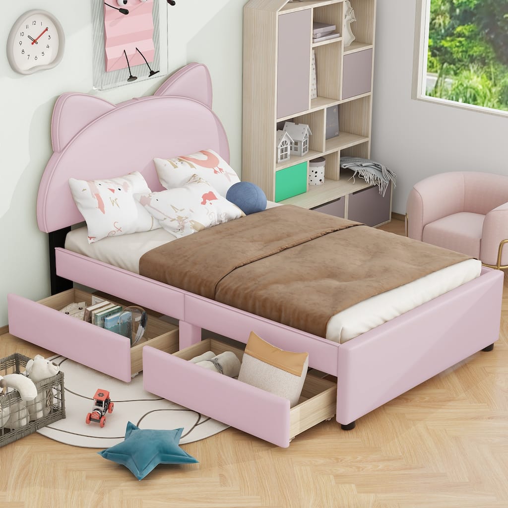 Upholstered Platform Bed with Cute Headboard and 2 Drawers