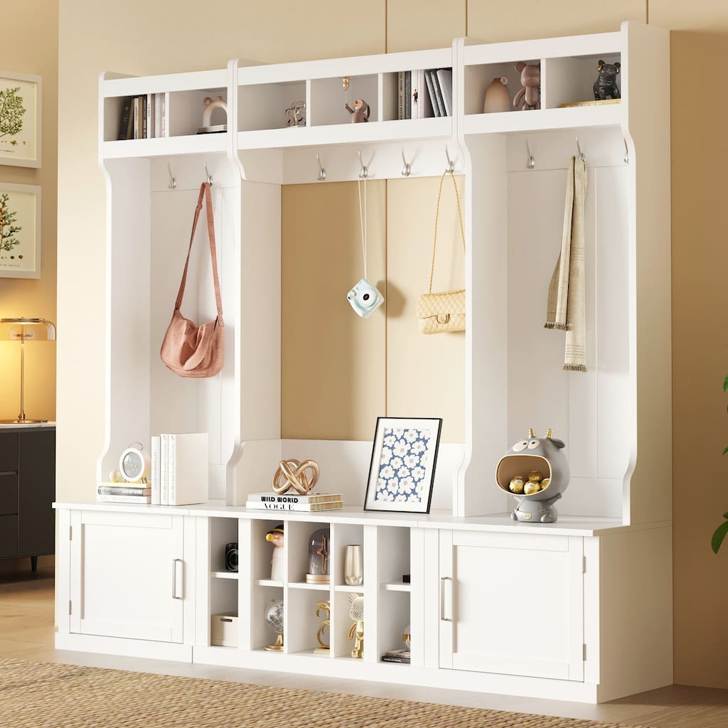 Large Hall Tree with Storage Bench, Multi-functional 4 in 1 Entryway Wood Bench with Coat Rack and Shoe Cabinet for Hallway