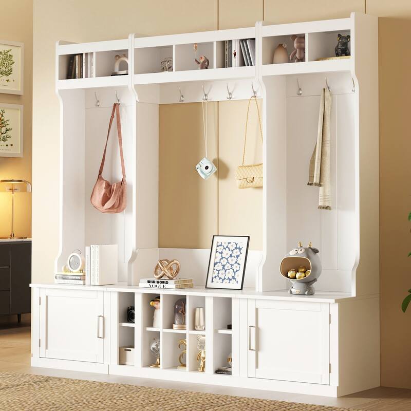 Buy Hall Tree With Bench And Shoe Storage, 5-in-1 Entryway Bench With Coat Rack 10 Shoe Cubbies 9 Coat Hooks Barn Door Adjustable Shelf Vintage White