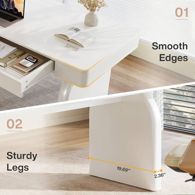 63-Inch White Desk with Drawers, Modern Elegant Glossy Executive Office Desk