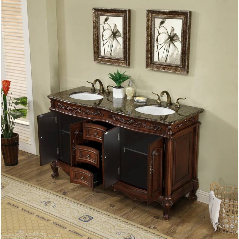 Stufurhome Cassandra 60 Inches Dark Cherry Double Sink Bathroom Vanity