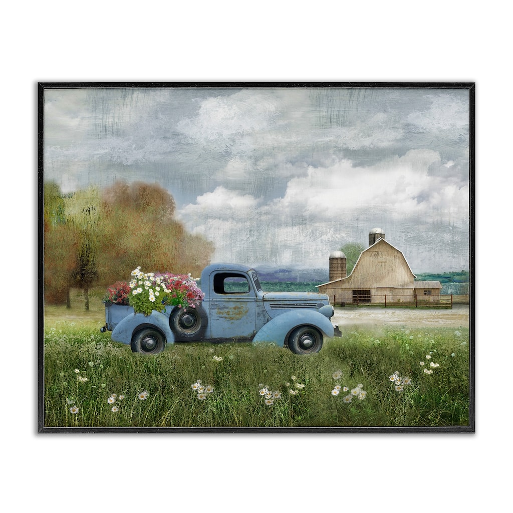 Stupell Vintage Blue Truck Flower Bouquet Cloudy Sky Farmhouse Framed Wall Art - Multi-Color