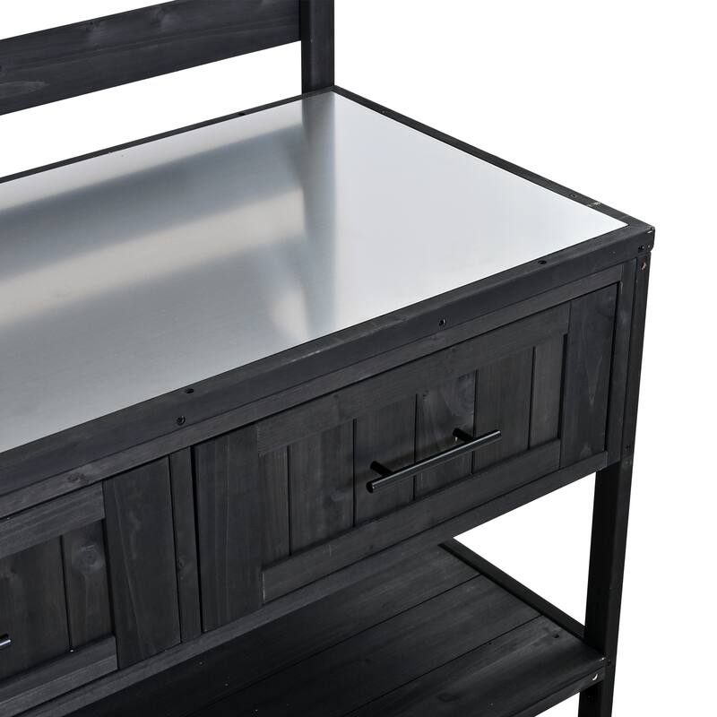 Solid Wood 62.3'' Patio Kitchen Island Kitchen Cart with Stainless Table Top, Garden Potting Bench with Raised Shelf and Drawers