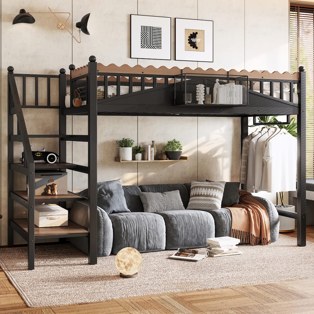 Twin XL Size Loft Bed with Storage Stairs, Metal Loft Beds Frame with Storage Shelves and Bookshelf