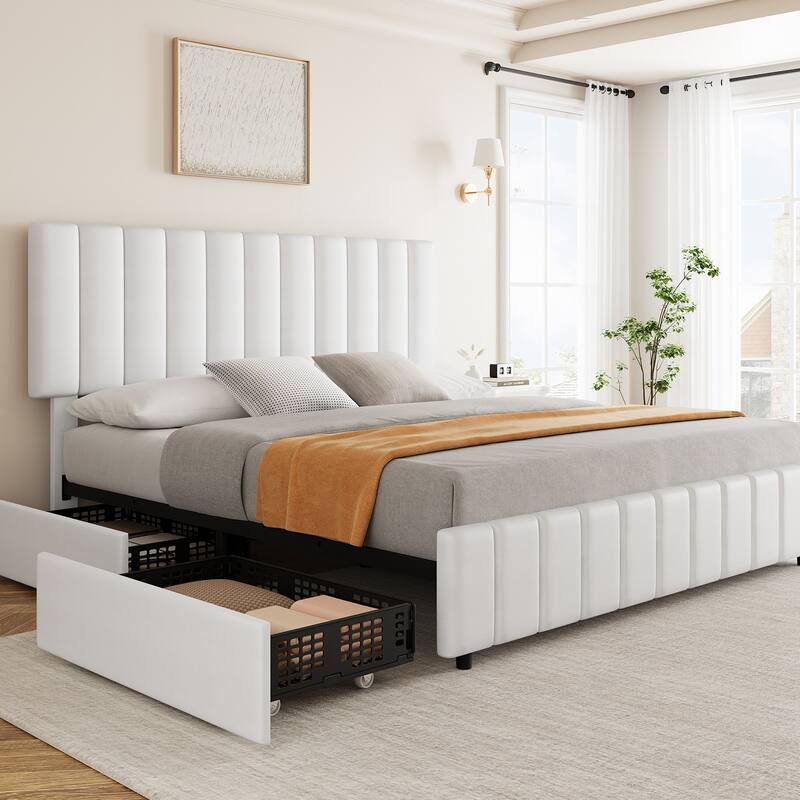 PU Leather Queen Size Bed Frame with 4 Storage Drawers - Queen