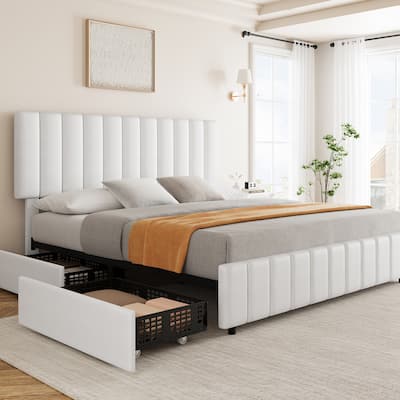 PU Leather Queen Size Bed Frame with 4 Storage Drawers