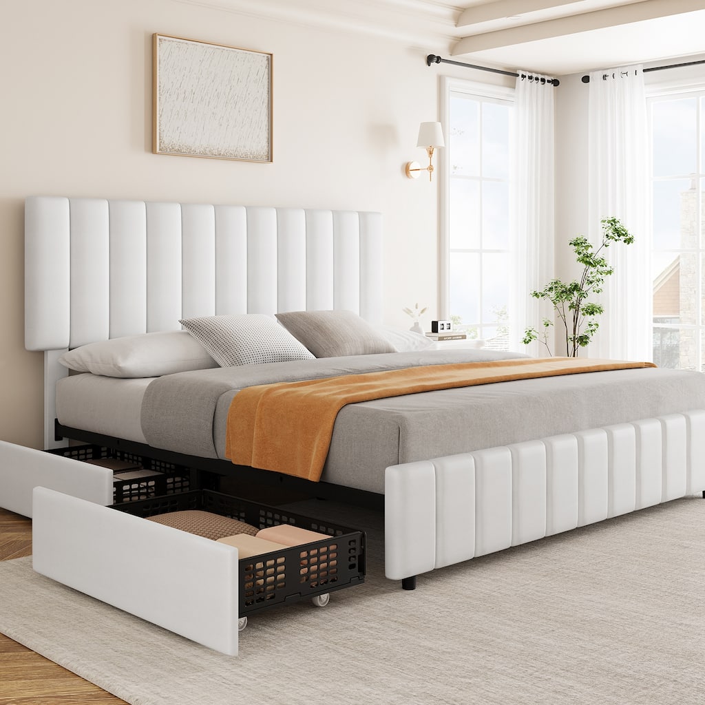 PU Leather Queen Size Bed Frame with 4 Storage Drawers