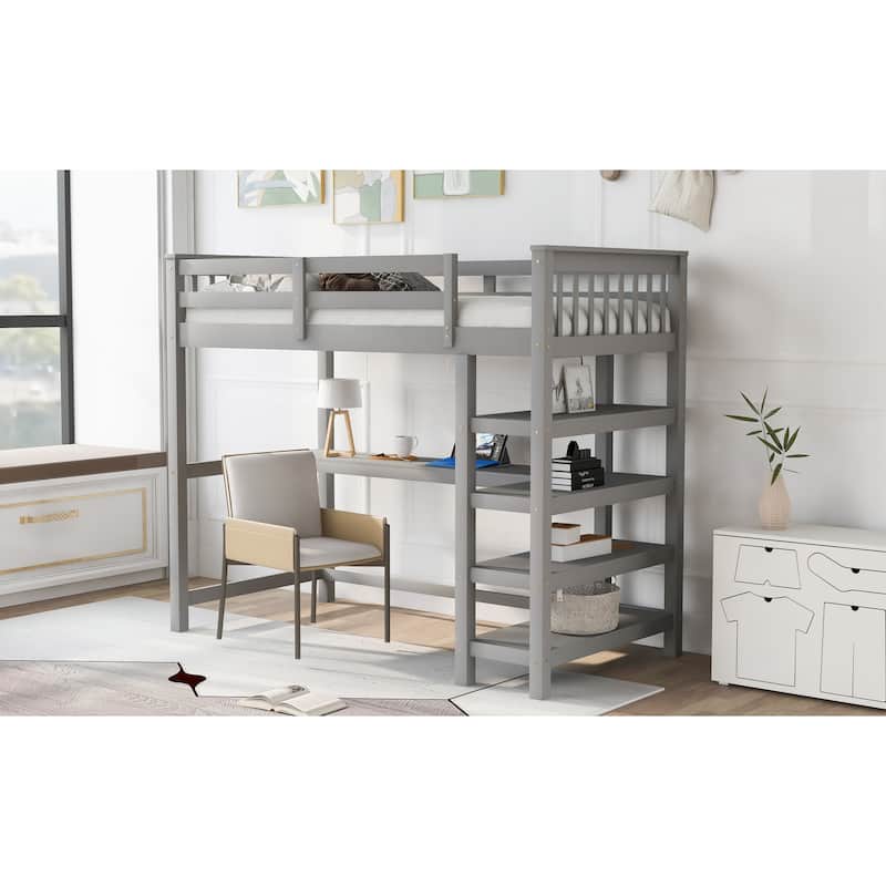 Gray Loft Bed with Storage Shelves and Under-Bed Desk