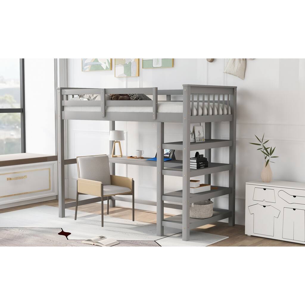 Twin Size Wood Frame Loft Bed with Integrated Storage Shelves and Desk
