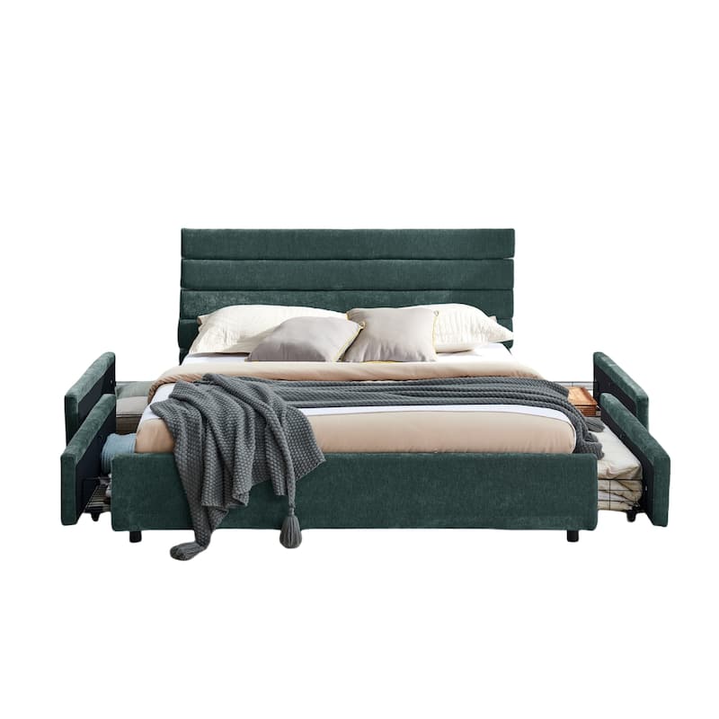 Queen Size Modern Upholstered Bed Frame with Headboard and Drawers