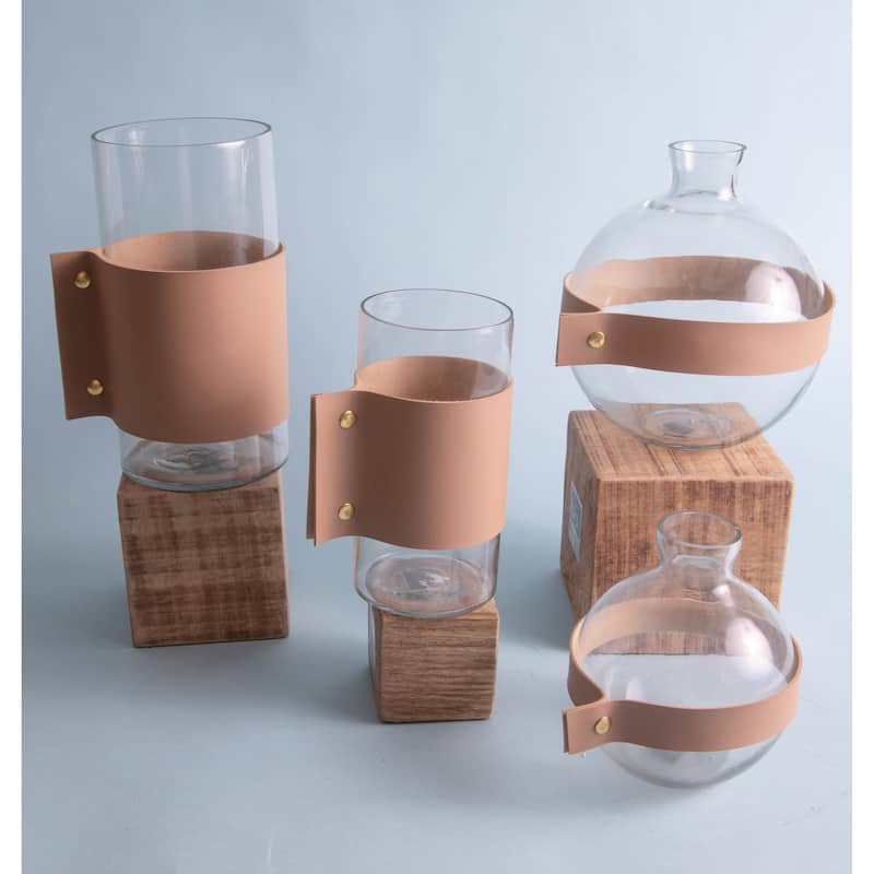 Sm. Glass and Leather Wrapped Vase/Hurricane 4"Dia - A