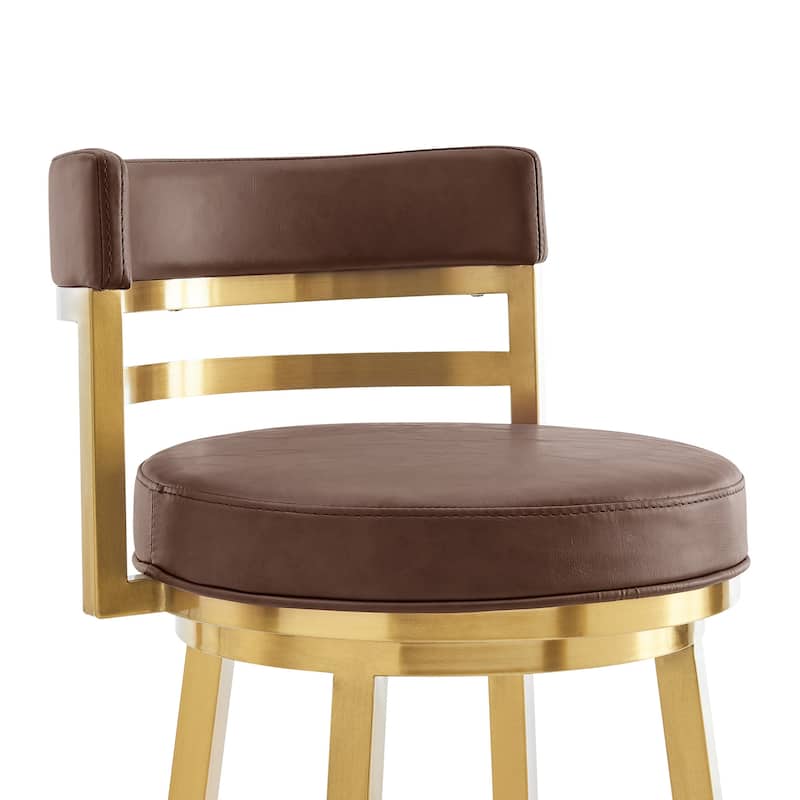 HomeRoots 26" Coffee and Gold Faux Leather and Stainless Steel Low Back Counter Height Swivel Bar Chair