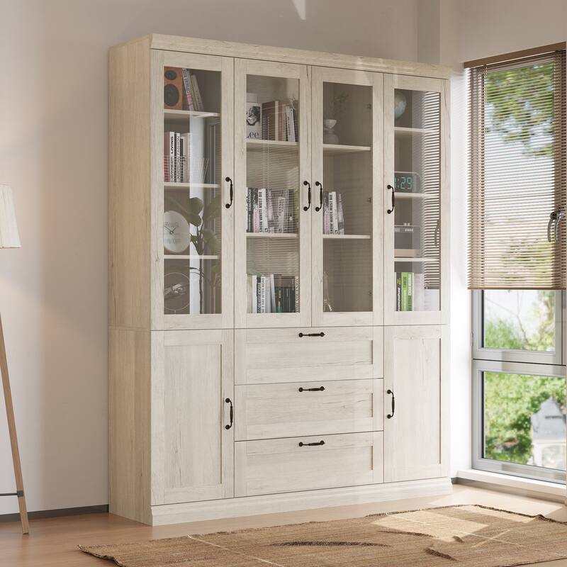 Bookcase Cabinet with Glass Doors and Drawers Multi-Purpose Storage Display Hutch for Living Room or Dining Room