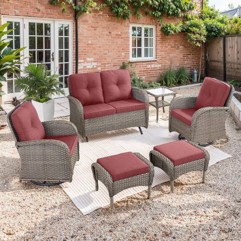 Outdoor Glider Sofa with Swivel Chairs Ottoamns Grey-Red - Grey - Grey - Red